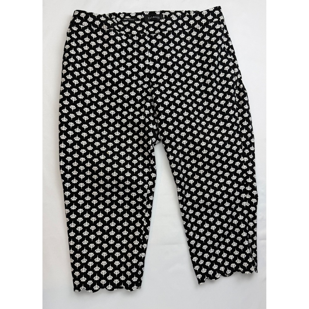 Talbots Womens 14WP Slim Crop Pants Black White Floral Scallop Hem Side Zip